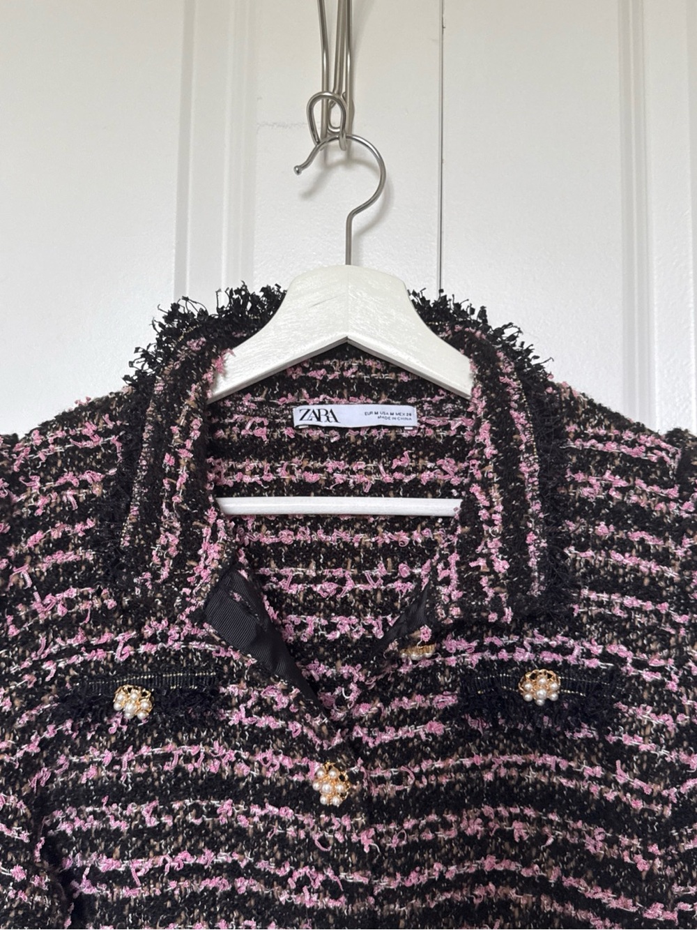 Zara Purple Tweed Jacket Pearl Buttons Size M Puff Shoulders Cropped - Picture 4 of 10